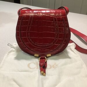 Chloe | Mini Marcie Calf-Embossed Round Saddle Bag Red